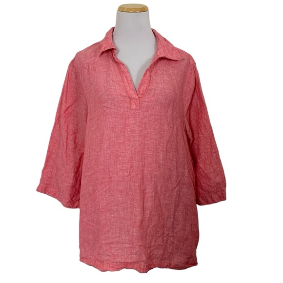 Tahari 100% Linen Popover Top Women’s 1X Shell Buttons Salmon 3/4 Sleeve Coastal - Picture 1 of 16